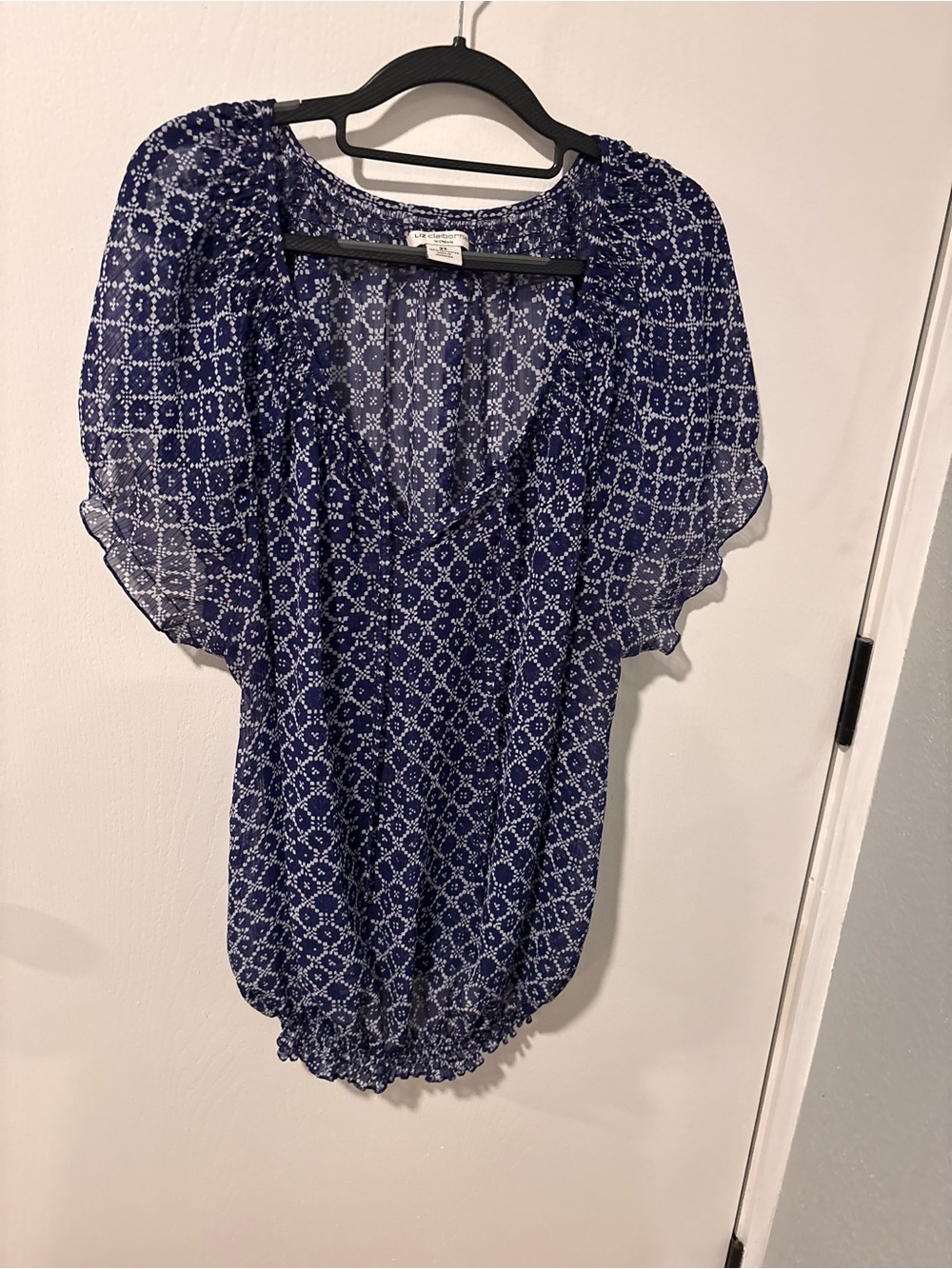 Women’s Navy Blue Patterned Short Sleeve Blouse - Liz Claiborne